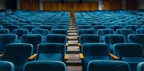 Naklejka premium A vast lecture hall stands ready with its blue seats inviting intellectual gatherings.