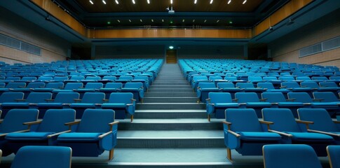 Fototapeta premium A vast lecture hall stands ready with its blue seats inviting intellectual gatherings.