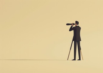 A businessman in a blue suit is standing and looking through a telescope on a light pink background.