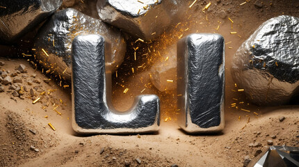 Li - symbol for Lithium chemical element on dusty stones background. Mining for lithium, a key component of batteries	