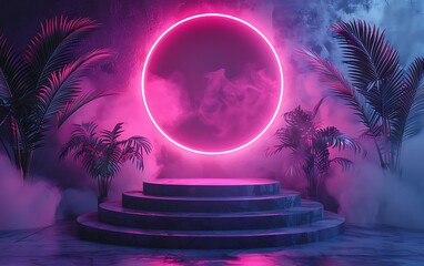 3d render, podium stand, minimalist, neon glow, product showcase, gaming backdrop, lowangle, vivid hues., 