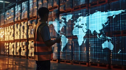 Worker standing in a warehouse with a holographic map behind, highlighting global trade supply chain management