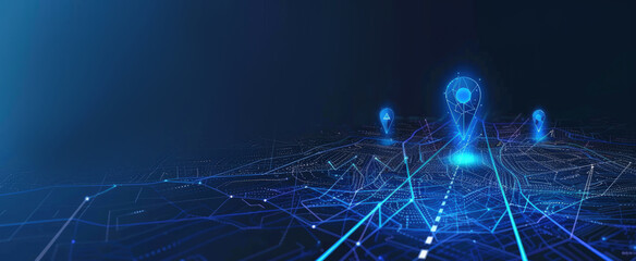 Abstract blue location point or map pin on path digital marketing technology tech innovation.