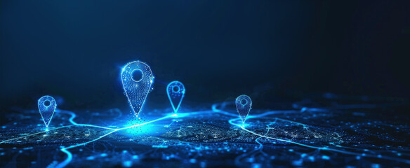 Abstract blue location point or map pin on path digital marketing technology tech innovation.