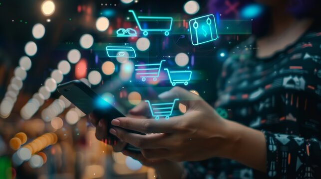Person using mobile phone for online shopping with holographic shopping icons in background
