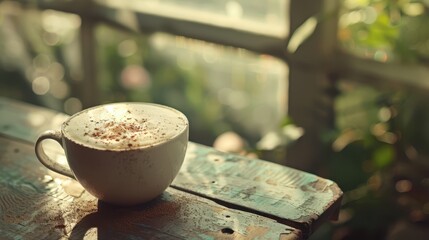 A close-up of a cappuccino cup, frothy milk with cinnamon sprinkle, placed on a vintage wooden table by a window