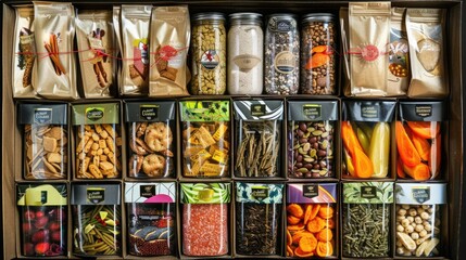Fototapeta premium Culinary festival gift box with assorted organic snacks, healthy eating, gourmet, festive