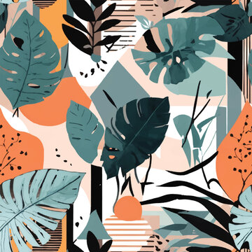 Beach cheerful seamless pattern wallpaper of tropical dark green leaves of palm trees and flowers bird of paradise (strelitzia) plumeria on a watercolor background