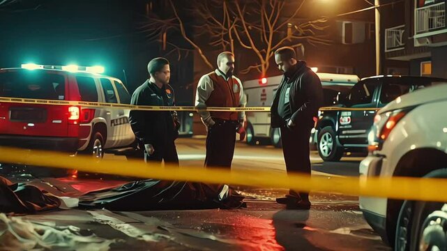 Crime Scene Investigators Developing Hypothesis on the Murder of a Young Man. Male Detective Suggesting Potential Mugging Gone Wrong. Policewoman Suggesting a Crime of Passion. They Check the Clues