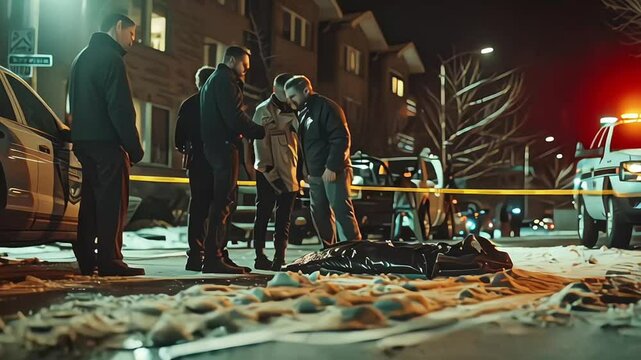 Crime Scene Investigators Developing Hypothesis on the Murder of a Young Man. Male Detective Suggesting Potential Mugging Gone Wrong. Policewoman Suggesting a Crime of Passion. They Check the Clues