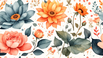 Beautiful seamless vector floral pattern, spring summer background with tropical flowers, palm leaves, jungle leaf, rose, bird of paradise flower. Exotic wallpaper, Hawaiian style, watercolour style