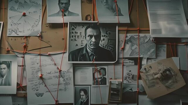 Detective board with crime scene photos, stickers, clues and red thread, closeup