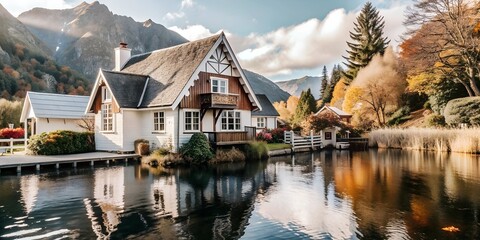 Fototapeta premium A house in the mountains near a mirror lake, autumn landscape, desktop wallpaper, autumn trees background,
