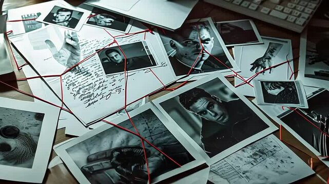 Detective board with crime scene photos, stickers, clues and red thread, closeup