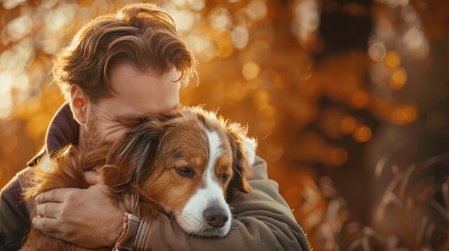 A close-up of a man hugging his dog, with both of them smiling, a colorful autumn park in the background