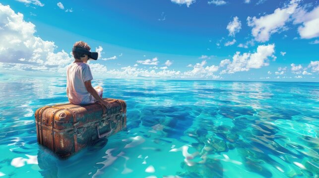 A young man wearing VR glasses sits on the edge of an old wooden suitcase floating in clear blue water.