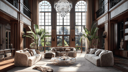 Spacious living room with crystal chandelier and velvet sofas