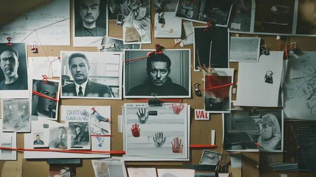 Detective board with crime scene photos, stickers, clues and red thread, closeup