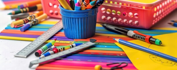 Obraz premium Bright and colorful school supply photo, closeup view of creativity.
