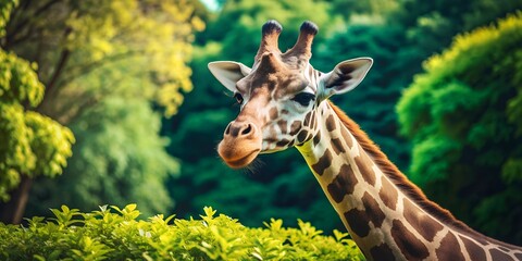 Obraz premium Giraffe on a green background around nature, neck face giraffe, nature animal, background, summer wallpaper