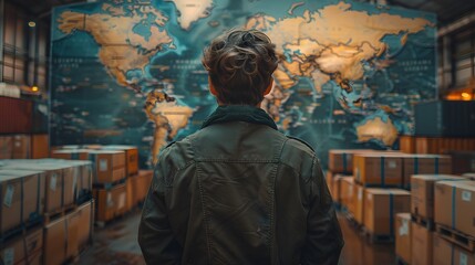 Back view of a worker in the warehouse, standing before a detailed world map highlighting global trade equipment interactions. Cinematic style with professional color grading