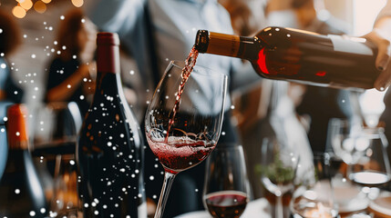 Fototapeta premium Sommelier pouring red wine in sophisticated tasting room