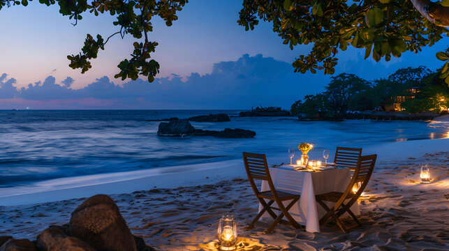Private beachfront dining setup with candlelight and wave sounds
