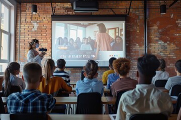 Engaging Classroom Learning: Teacher Using Projector to Screen Educational Videos to Diverse Group of Students in Realistic Setting