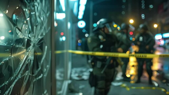 A group of police officers stand outside a store with a broken window, crime scene