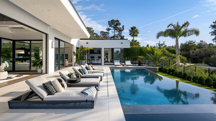 Mansion backyard with infinity pool and landscaped garden