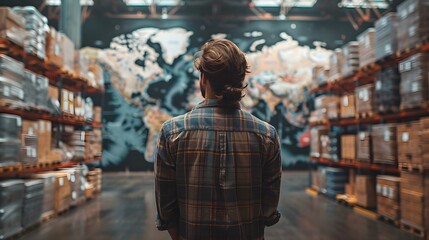 Fototapeta premium warehouse worker stands with his back to us, in front of a world map showcasing global trade interactions. Realistic, cinematic photo with sharp focus