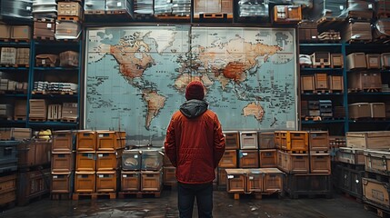 warehouse worker stands with his back to us, in front of a world map showcasing global trade interactions. Realistic, cinematic photo with sharp focus