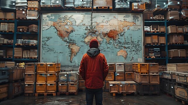 warehouse worker stands with his back to us, in front of a world map showcasing global trade interactions. Realistic, cinematic photo with sharp focus