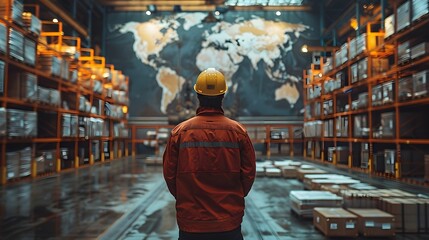 Fototapeta premium Back view of a warehouse worker standing before a world map highlighting global trade interactions. Cinematic, realistic photo with professional color grading