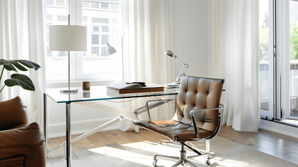 Home office with glass desk and high-end leather chair