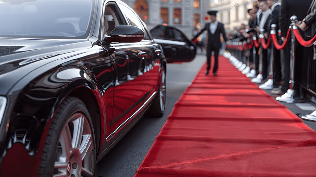 Luxury car with chauffeur and red carpet entrance