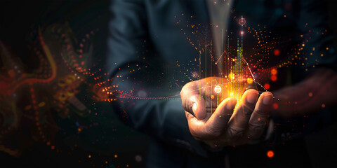 Businessman holding the glow light Data digital marketing graph in dark background.
