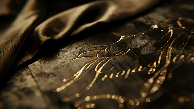 Gold invitation card with elegant calligraphy on velvet surface