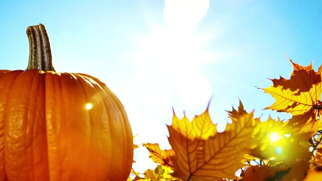 Pumpkin on autumn leaves in sunny sky. 4k, autumn with golden background, autumn leaves and sunlight,border, bright, celebrate fall landscape copy space