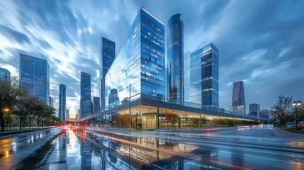 Obraz premium Illuminated cityscape at twilight with modern skyscrapers