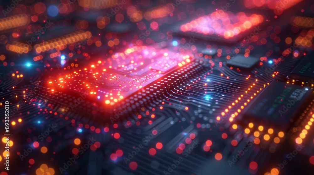 Poster a close-up capture of an illuminated circuit board highlighting the details and complexity of electr