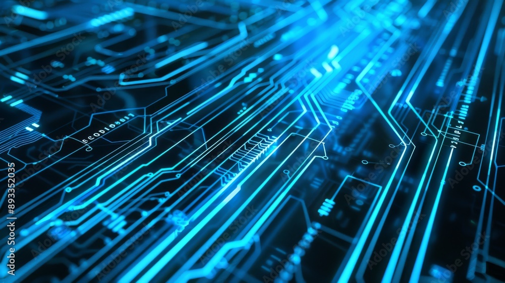 Poster a close-up capture of an illuminated circuit board highlighting the details and complexity of electr