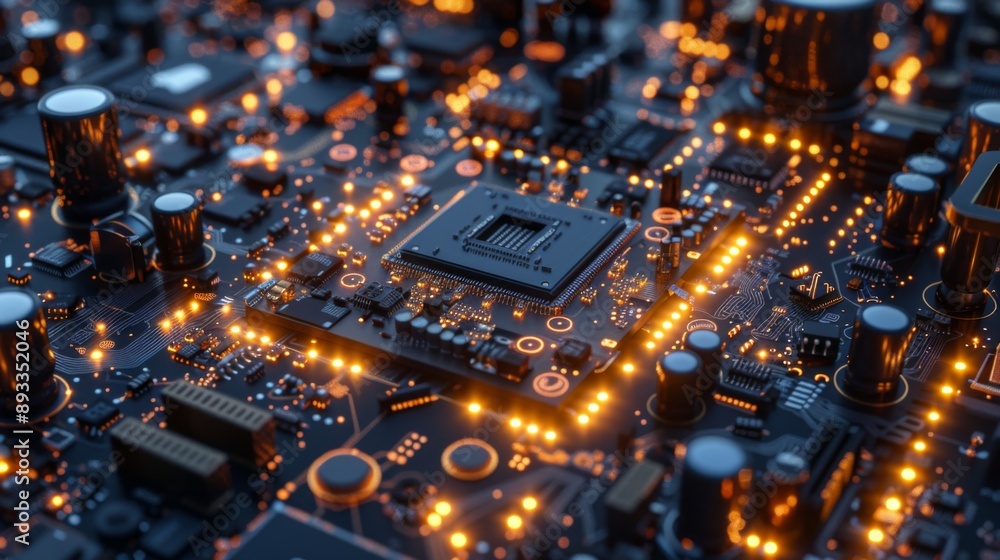Poster a close-up capture of an illuminated circuit board highlighting the details and complexity of electr