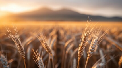 Fototapeta premium Close-up view of golden wheat heads in a sunlit field, with sunlight highlighting the intricate details of the wheat, symbolizing fertility and abundance.