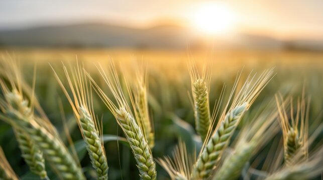Young wheat plants in a field glowing with morning sunshine, capturing the essence of new beginnings and growth against a backdrop of rolling hills and clear skies. - Powered by Adobe