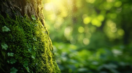 Fototapeta premium A close-up of vibrant green moss covering a tree trunk, detailed texture with tiny water droplets