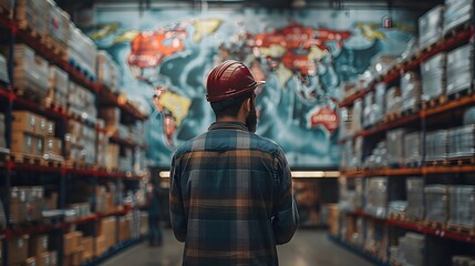 Fototapeta premium worker in the warehouse stands with his back to us, looking at a detailed world map highlighting global trade. Cinematic photo with sharp focus and professional color grading