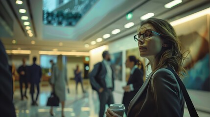 A close-up photograph of office workers, standing tightly packed in a train, after work hours