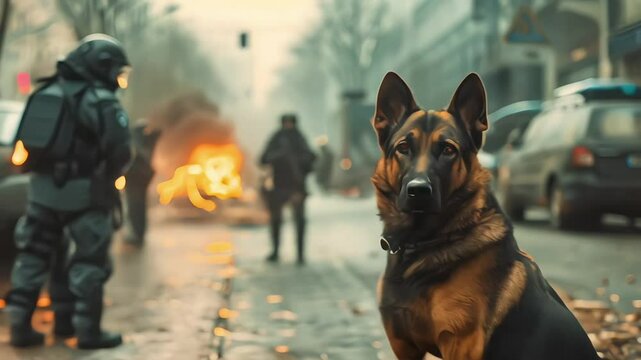 A group of policemen intimidate using horses and dogs in a demonstration