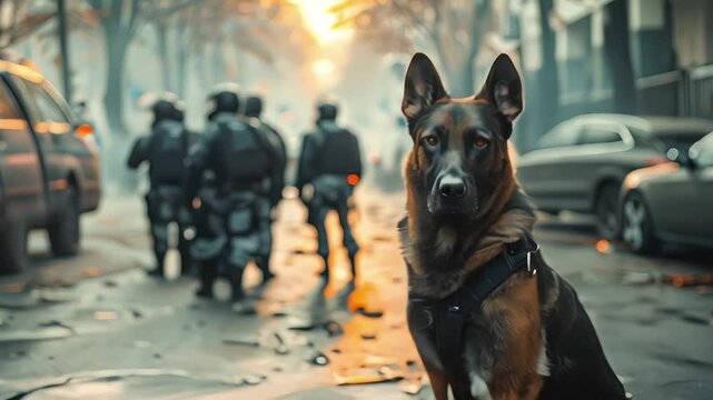 A group of policemen intimidate using horses and dogs in a demonstration